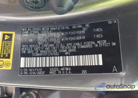 2015 Toyota Highlander Le Plus V6 from USA, damaged, VIN 5TDBKRFH7FS101692